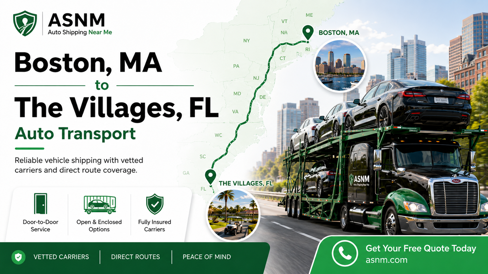 Boston to The Villages auto transport — licensed, insured, door-to-door snowbird car shipping with Auto Shipping Near Me