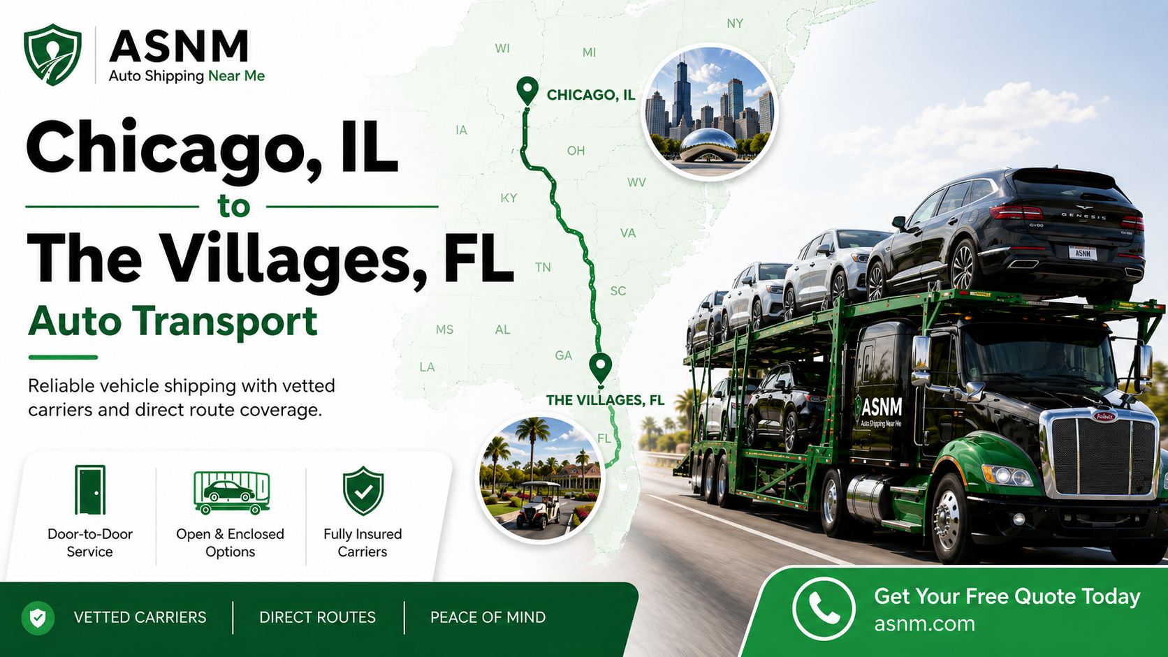 Chicago to The Villages auto transport — licensed, insured, door-to-door snowbird car shipping with Auto Shipping Near Me