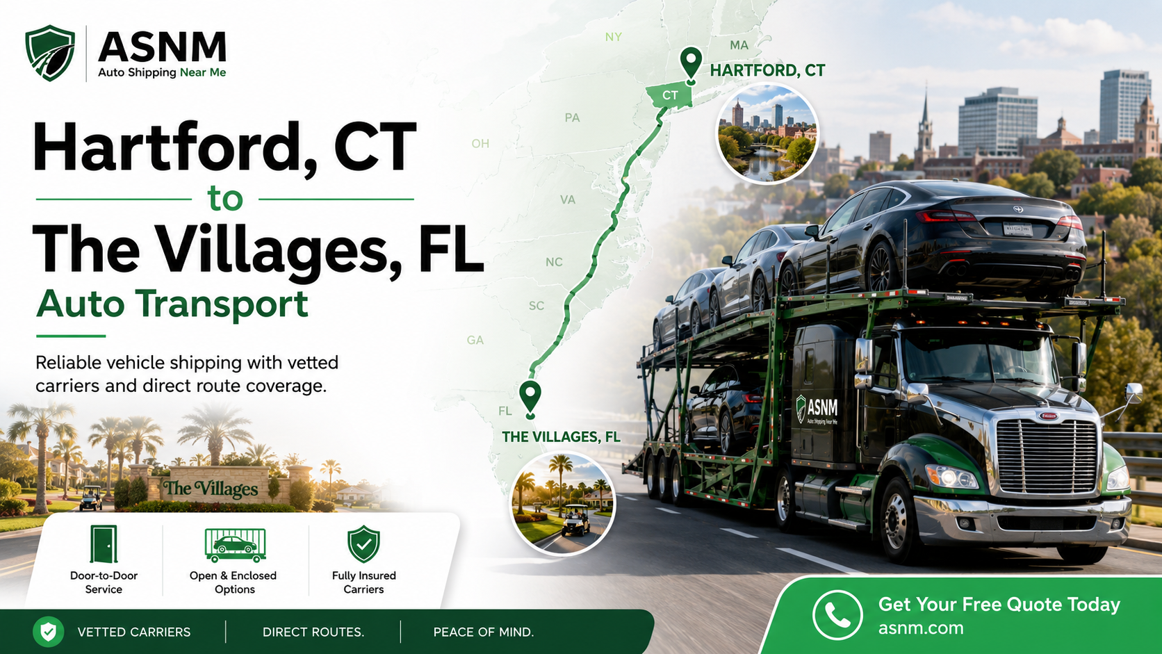 Hartford to The Villages auto transport — licensed, insured, door-to-door snowbird car shipping with Auto Shipping Near Me