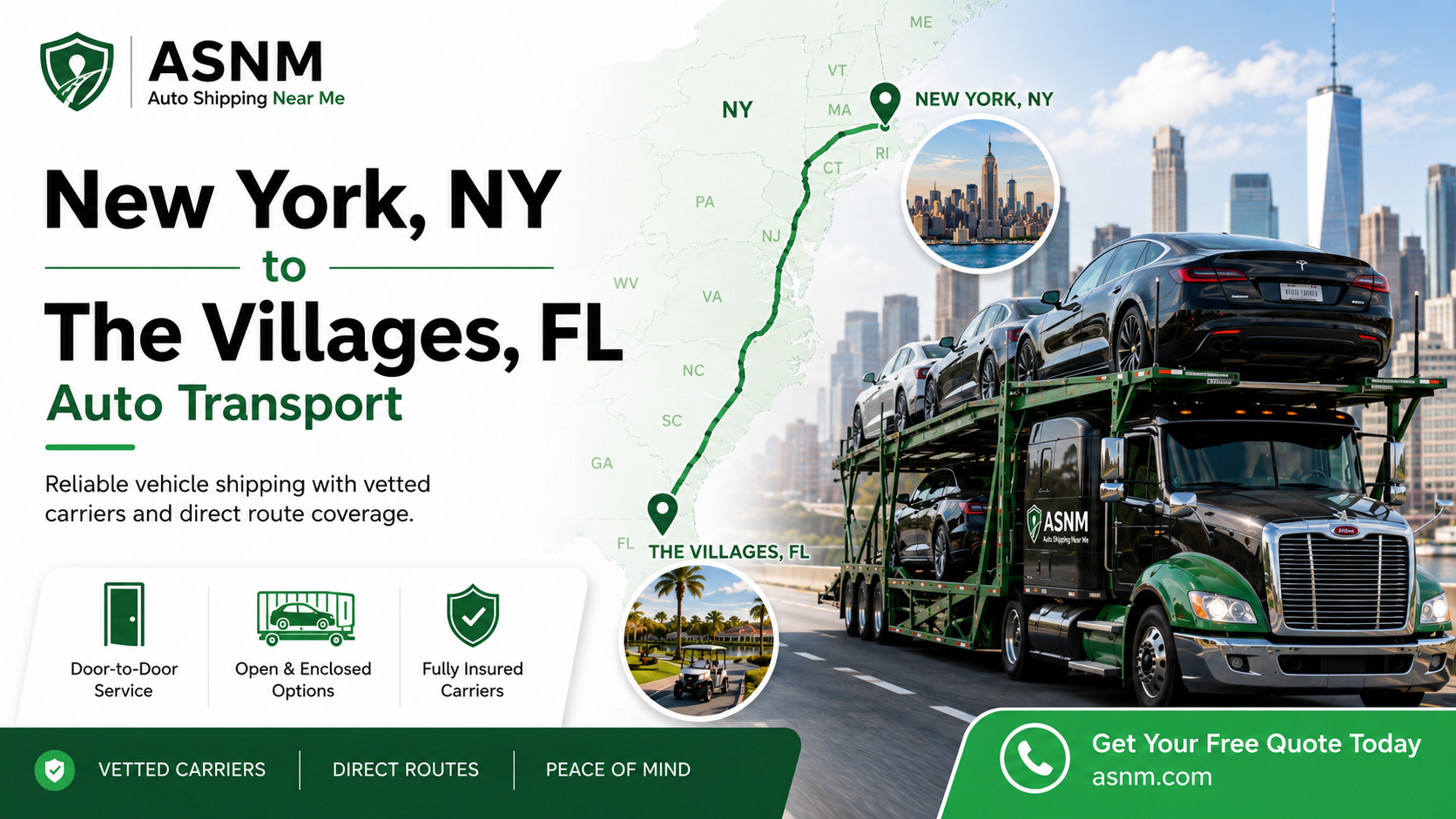 New York to The Villages auto transport — licensed, insured, door-to-door snowbird car shipping with Auto Shipping Near Me