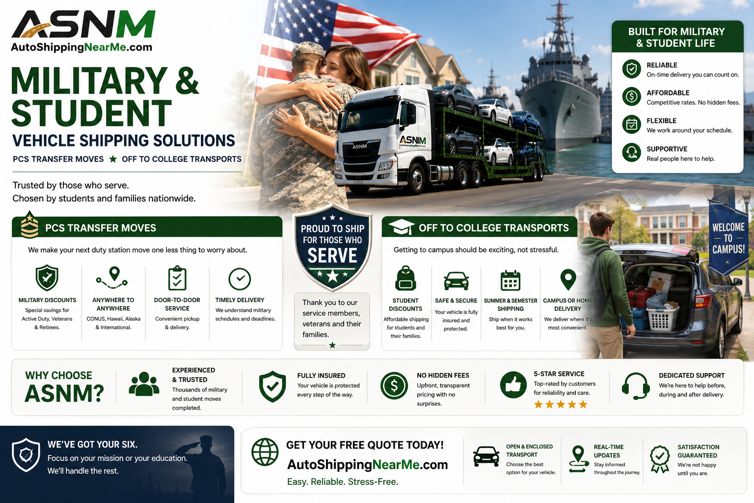 Military PCS and student car shipping — veteran-owned auto transport with Auto Shipping Near Me
