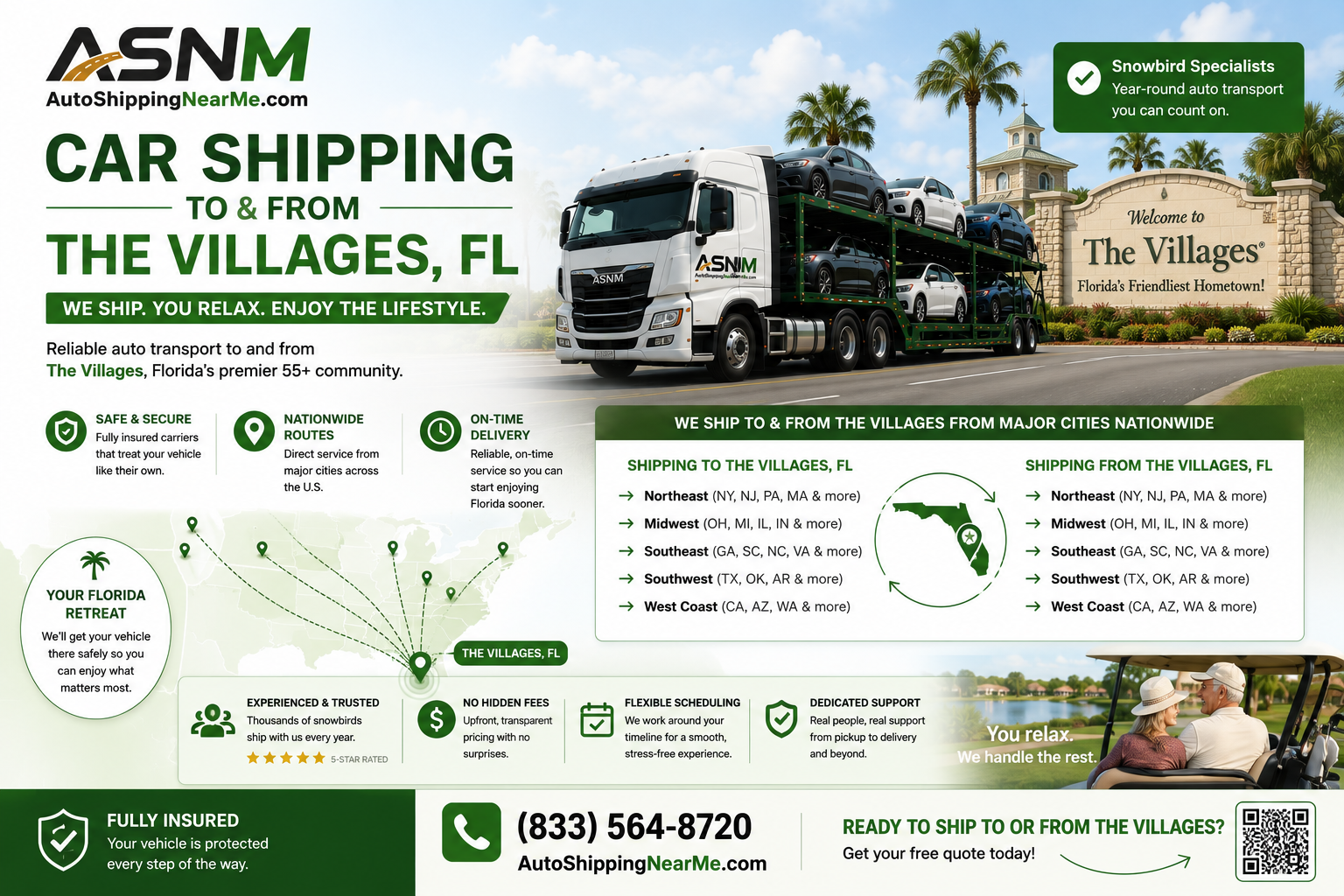 Car shipping to The Villages, Florida — snowbird auto transport with Auto Shipping Near Me